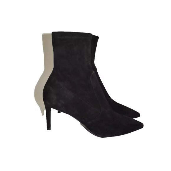 $650 Stuart Weitzman Stretch Suede POINTY TOE HEEL Booties Black Sock 7 (PB21) - Picture 2 of 8